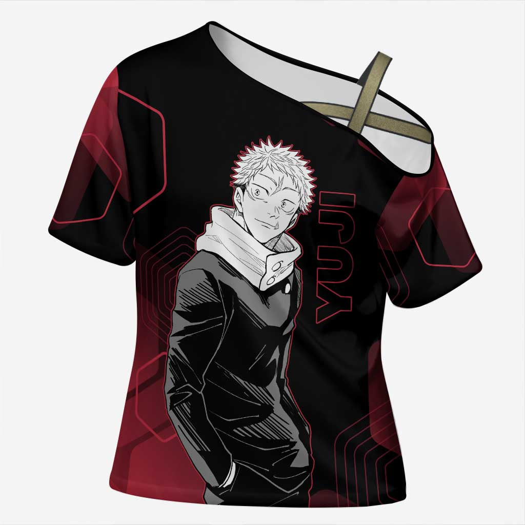 Yuji Itadori Jujutsu Kaisen Red Hexagon Design Cross Shoulder Shirt with Sukuna Transformation and Manga Style Art - The Mazicc