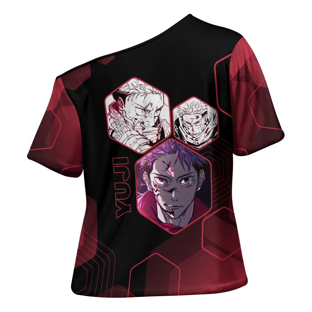Yuji Itadori Jujutsu Kaisen Red Hexagon Design Cross Shoulder Shirt with Sukuna Transformation and Manga Style Art - The Mazicc