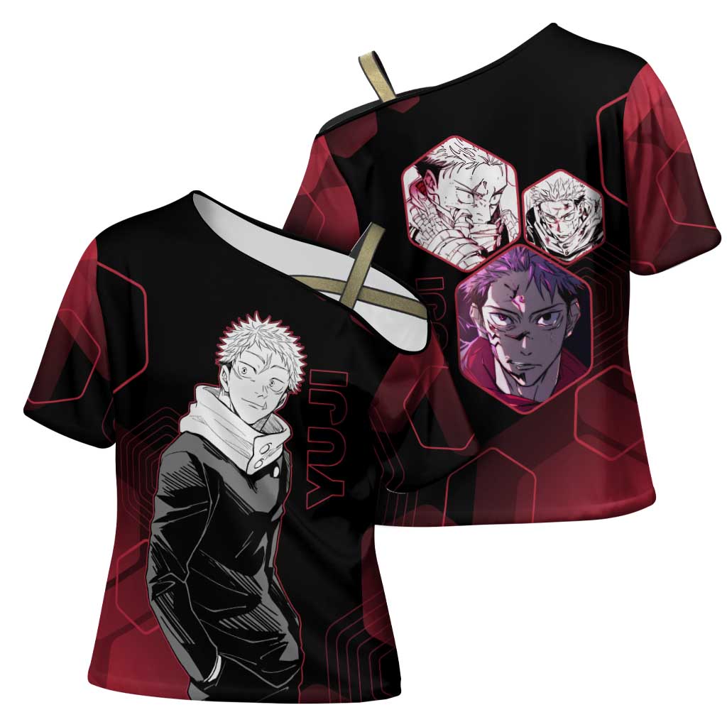 Yuji Itadori Jujutsu Kaisen Red Hexagon Design Cross Shoulder Shirt with Sukuna Transformation and Manga Style Art - The Mazicc
