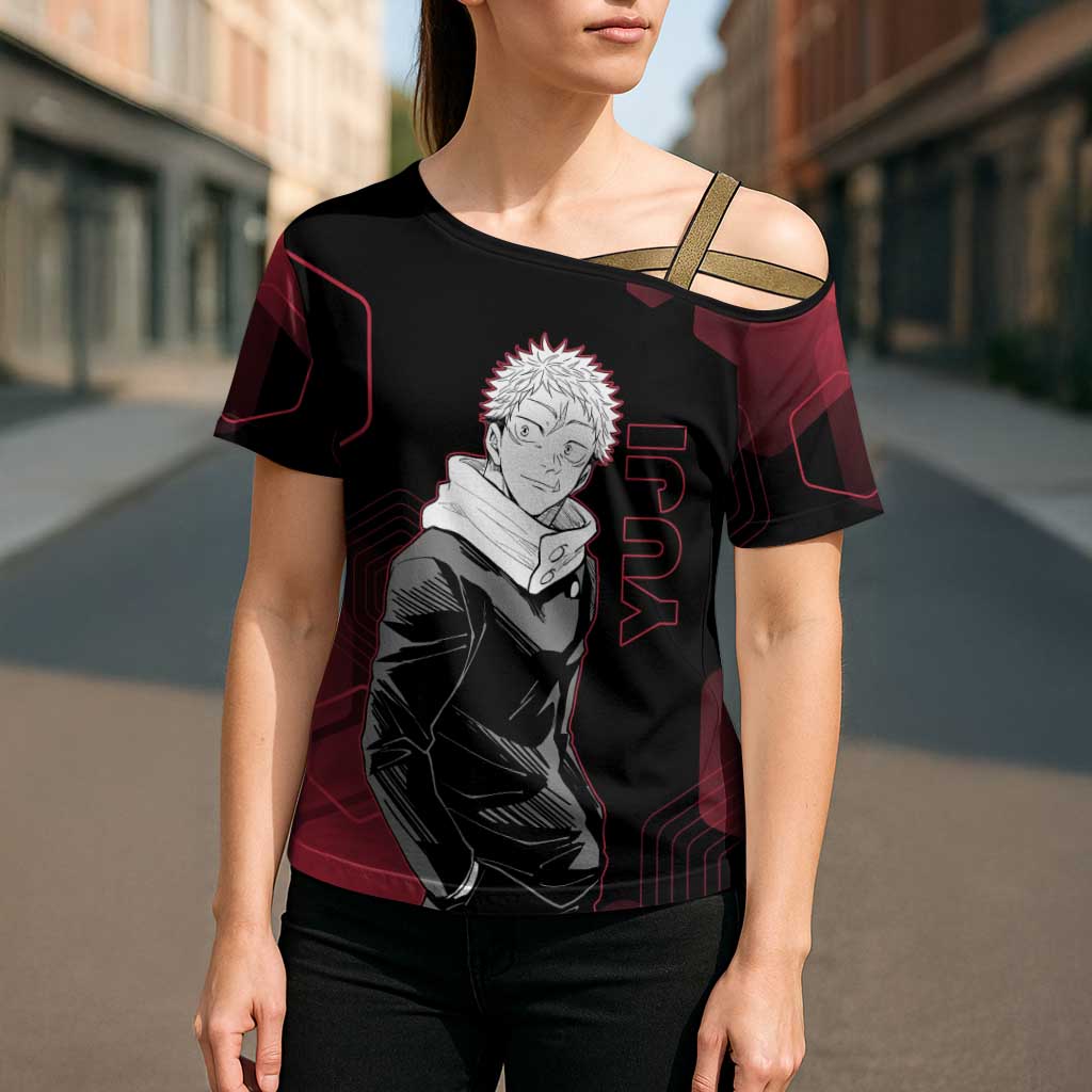 Yuji Itadori Jujutsu Kaisen Red Hexagon Design Cross Shoulder Shirt with Sukuna Transformation and Manga Style Art - The Mazicc