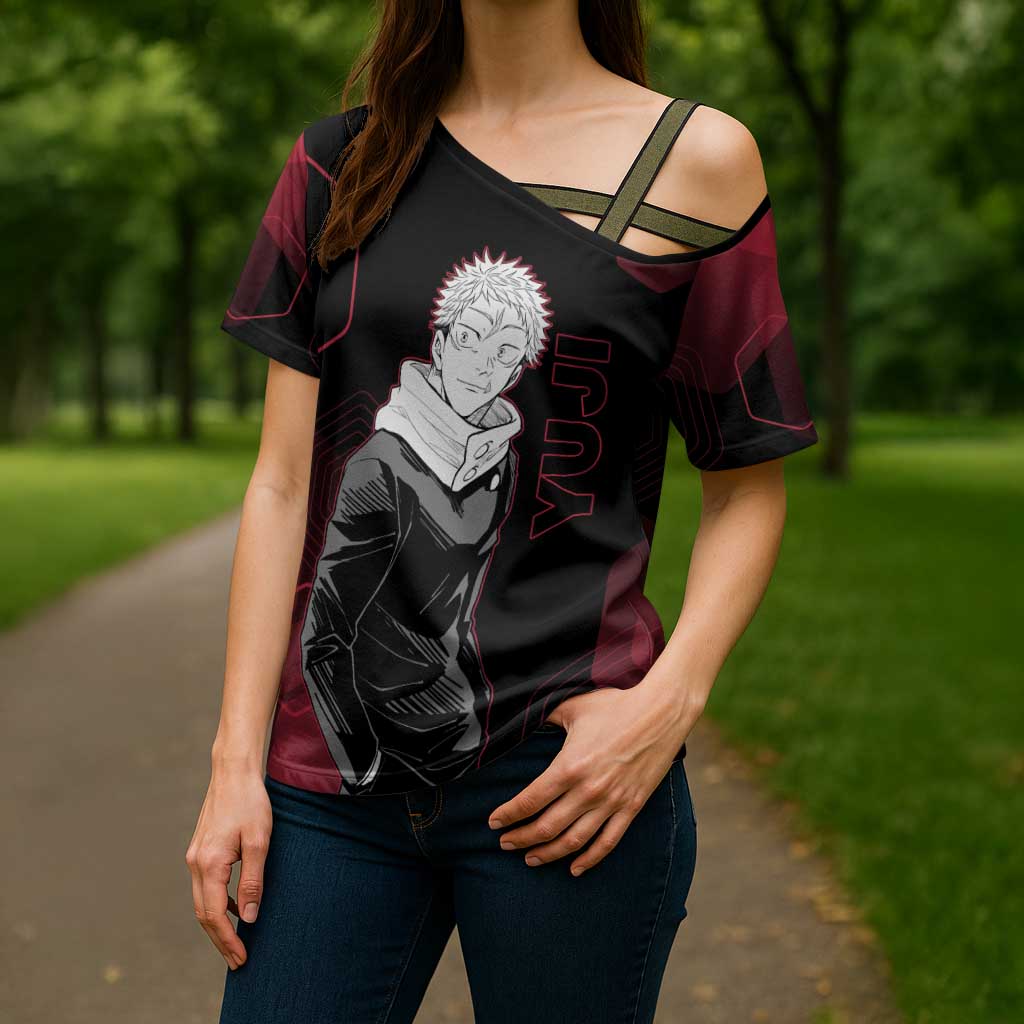 Yuji Itadori Jujutsu Kaisen Red Hexagon Design Cross Shoulder Shirt with Sukuna Transformation and Manga Style Art - The Mazicc