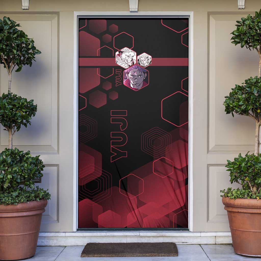 Yuji Itadori Jujutsu Kaisen Red Hexagon Design Door Cover with Sukuna Transformation and Manga Style Art - The Mazicc