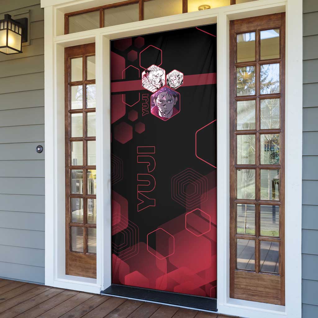 Yuji Itadori Jujutsu Kaisen Red Hexagon Design Door Cover with Sukuna Transformation and Manga Style Art - The Mazicc