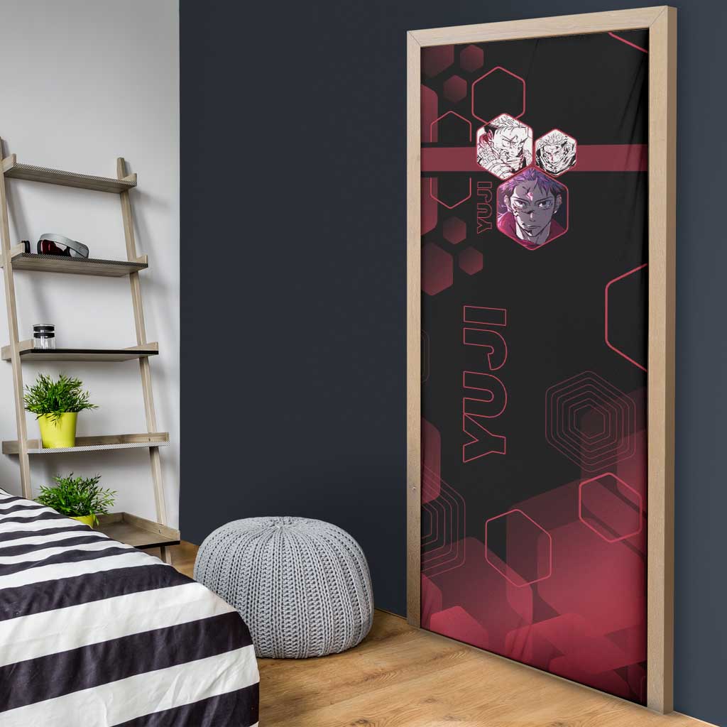 Yuji Itadori Jujutsu Kaisen Red Hexagon Design Door Cover with Sukuna Transformation and Manga Style Art - The Mazicc