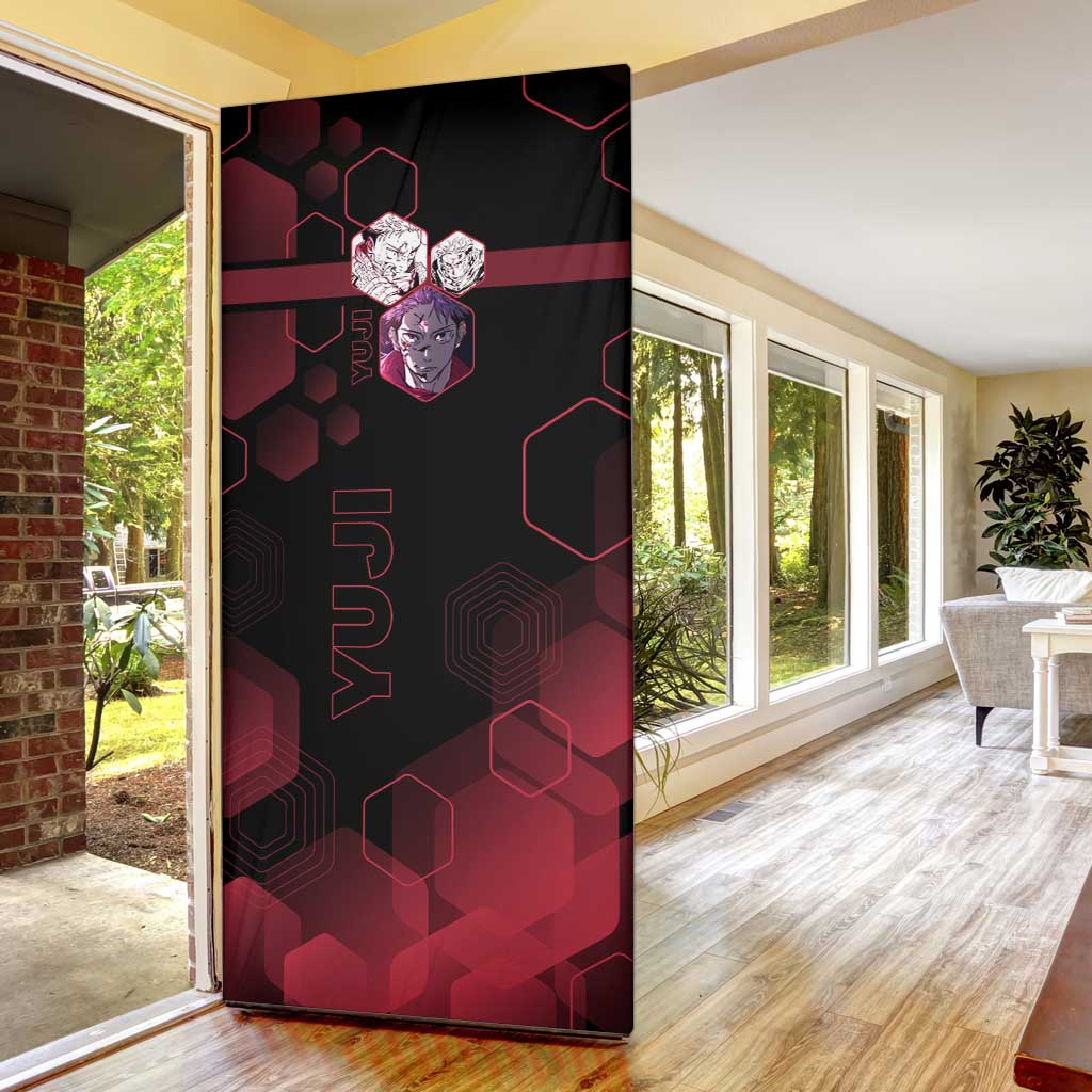 Yuji Itadori Jujutsu Kaisen Red Hexagon Design Door Cover with Sukuna Transformation and Manga Style Art - The Mazicc