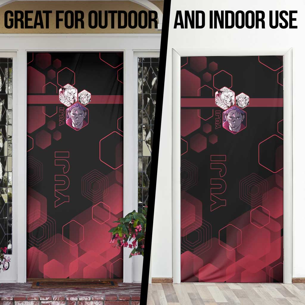 Yuji Itadori Jujutsu Kaisen Red Hexagon Design Door Cover with Sukuna Transformation and Manga Style Art - The Mazicc