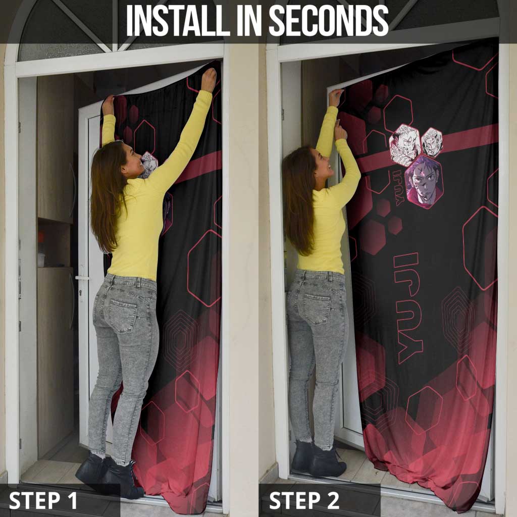 Yuji Itadori Jujutsu Kaisen Red Hexagon Design Door Cover with Sukuna Transformation and Manga Style Art - The Mazicc