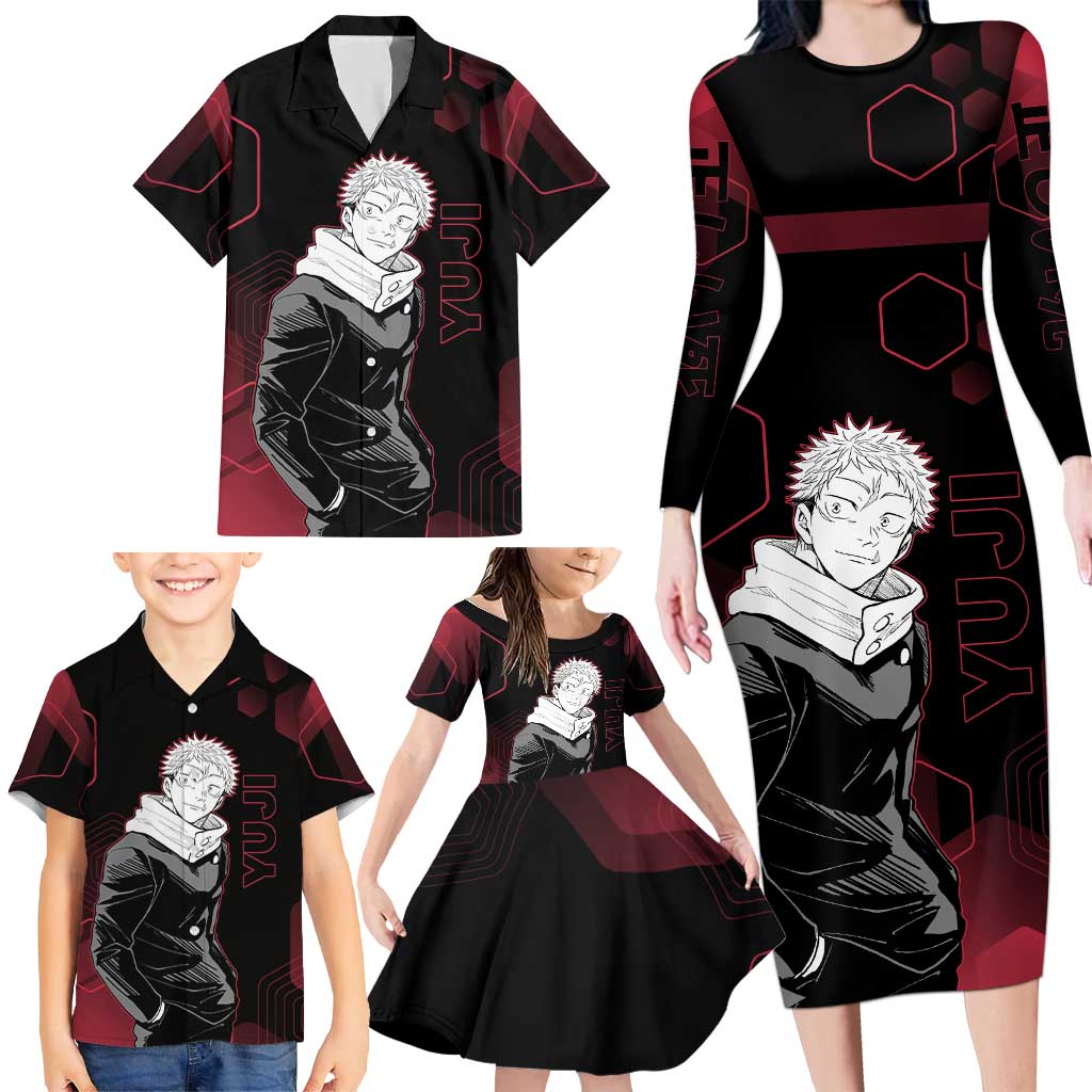 Yuji Itadori Jujutsu Kaisen Red Hexagon Design Family Matching Long Sleeve Bodycon Dress and Hawaiian Shirt with Sukuna Transformation and Manga Style Art