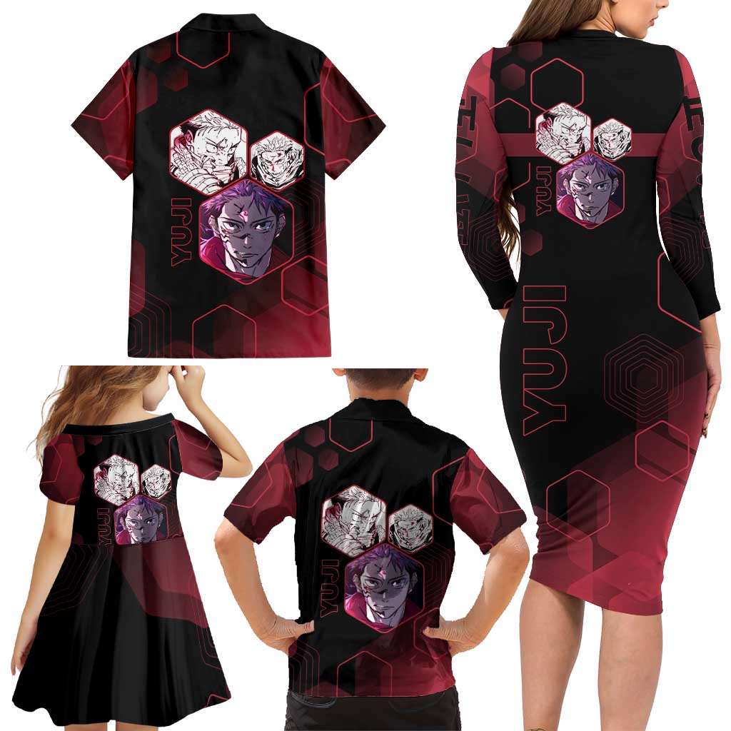 Yuji Itadori Jujutsu Kaisen Red Hexagon Design Family Matching Long Sleeve Bodycon Dress and Hawaiian Shirt with Sukuna Transformation and Manga Style Art