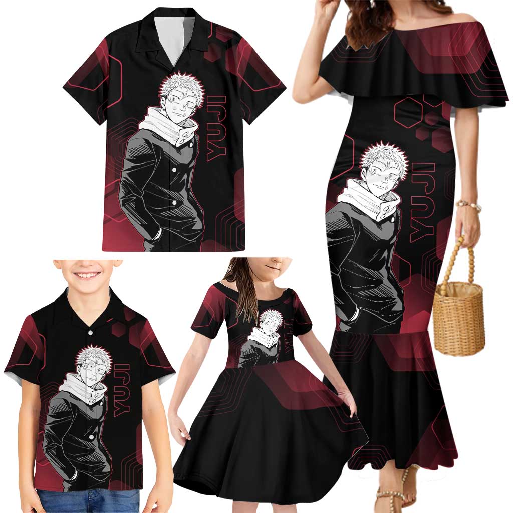 Yuji Itadori Jujutsu Kaisen Red Hexagon Design Family Matching Mermaid Dress and Hawaiian Shirt with Sukuna Transformation and Manga Style Art