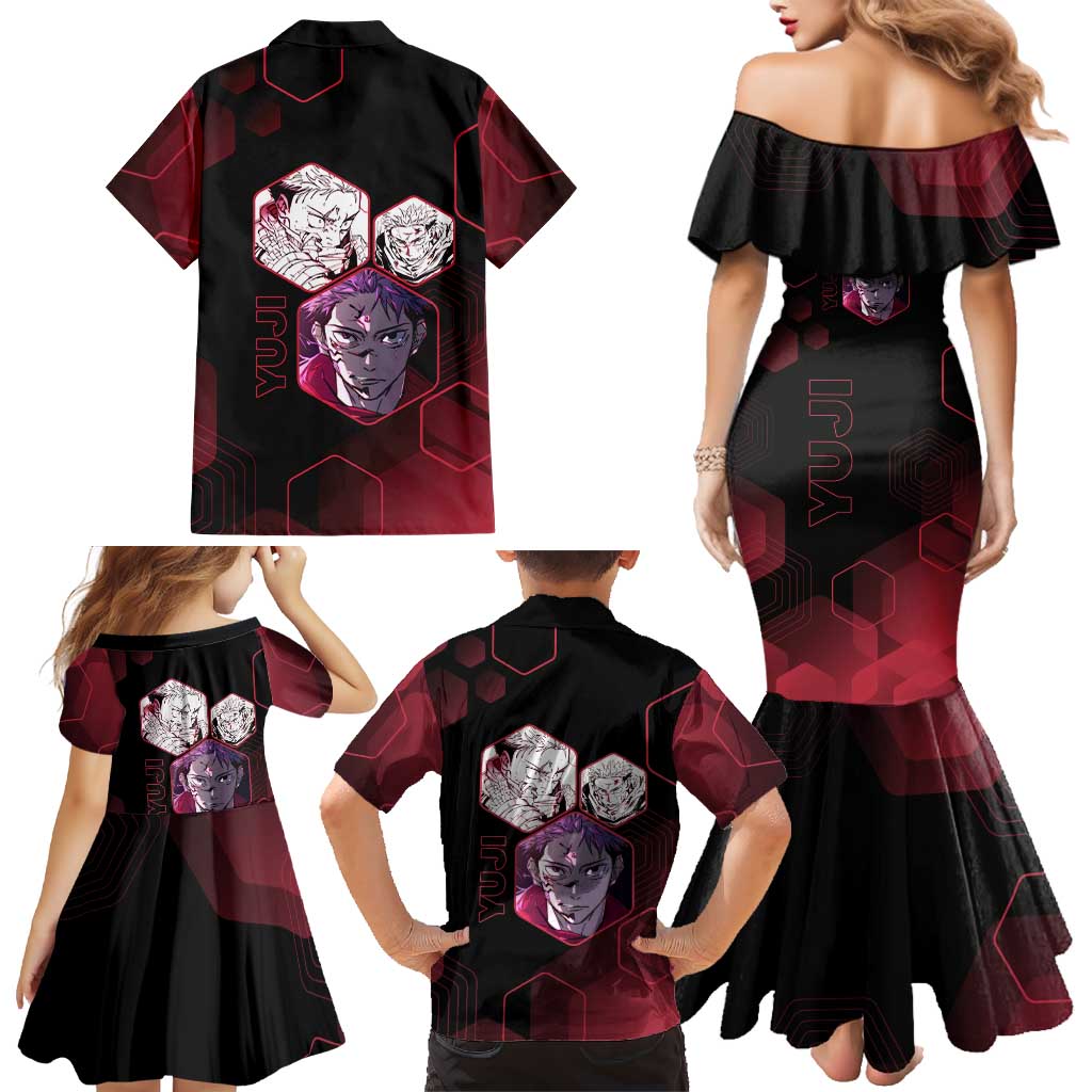 Yuji Itadori Jujutsu Kaisen Red Hexagon Design Family Matching Mermaid Dress and Hawaiian Shirt with Sukuna Transformation and Manga Style Art