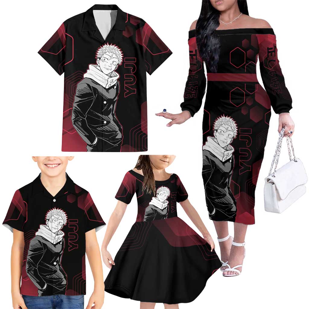 Yuji Itadori Jujutsu Kaisen Red Hexagon Design Family Matching Off The Shoulder Long Sleeve Dress and Hawaiian Shirt with Sukuna Transformation and Manga Style Art