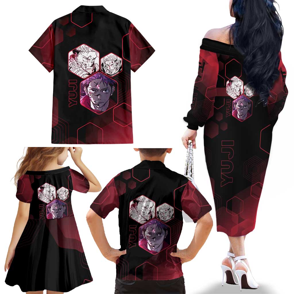 Yuji Itadori Jujutsu Kaisen Red Hexagon Design Family Matching Off The Shoulder Long Sleeve Dress and Hawaiian Shirt with Sukuna Transformation and Manga Style Art