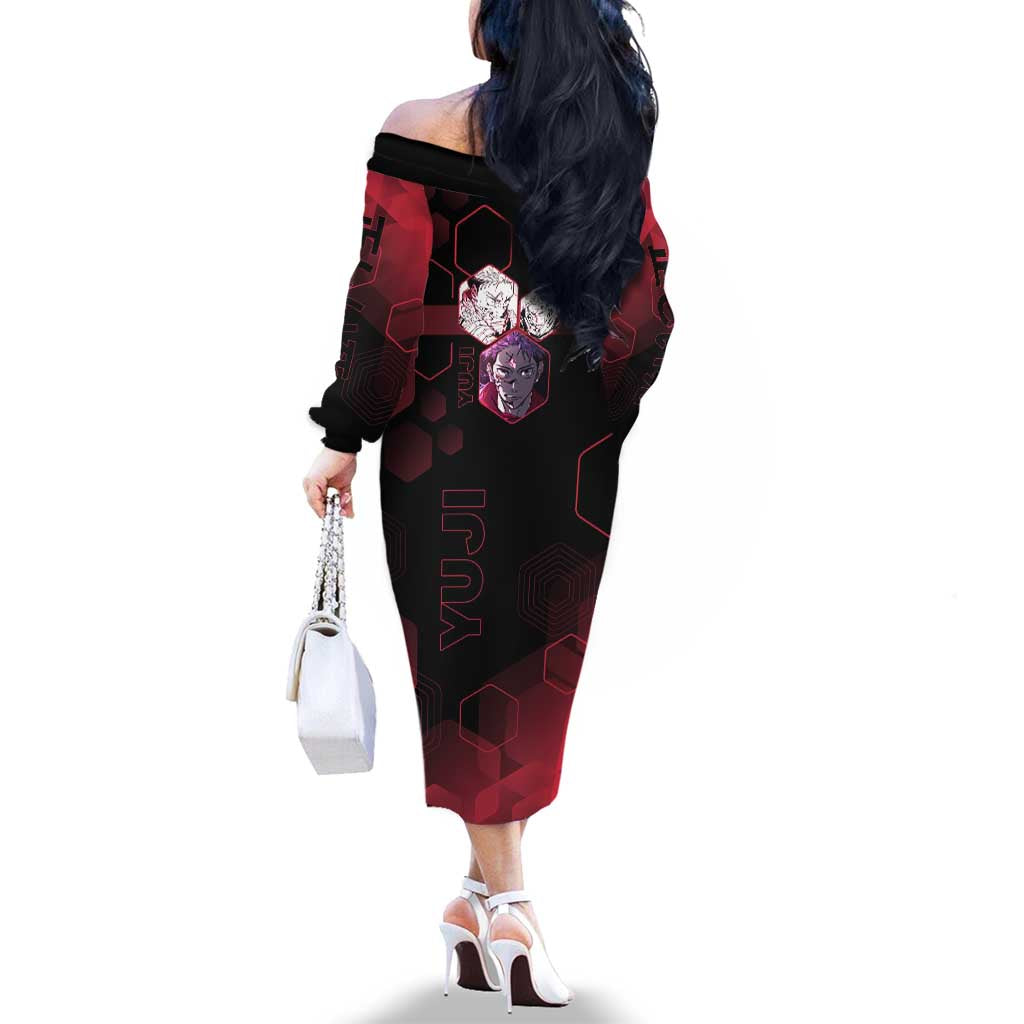Yuji Itadori Jujutsu Kaisen Red Hexagon Design Family Matching Off The Shoulder Long Sleeve Dress and Hawaiian Shirt with Sukuna Transformation and Manga Style Art