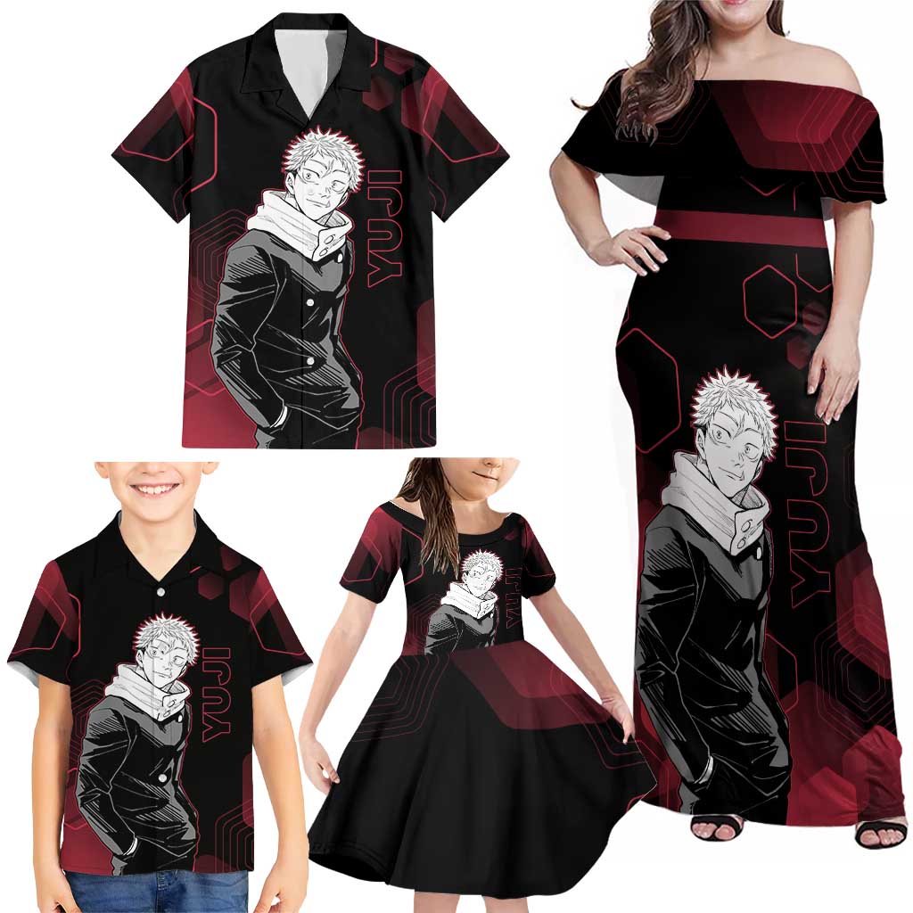 Yuji Itadori Jujutsu Kaisen Red Hexagon Design Family Matching Off Shoulder Maxi Dress and Hawaiian Shirt with Sukuna Transformation and Manga Style Art
