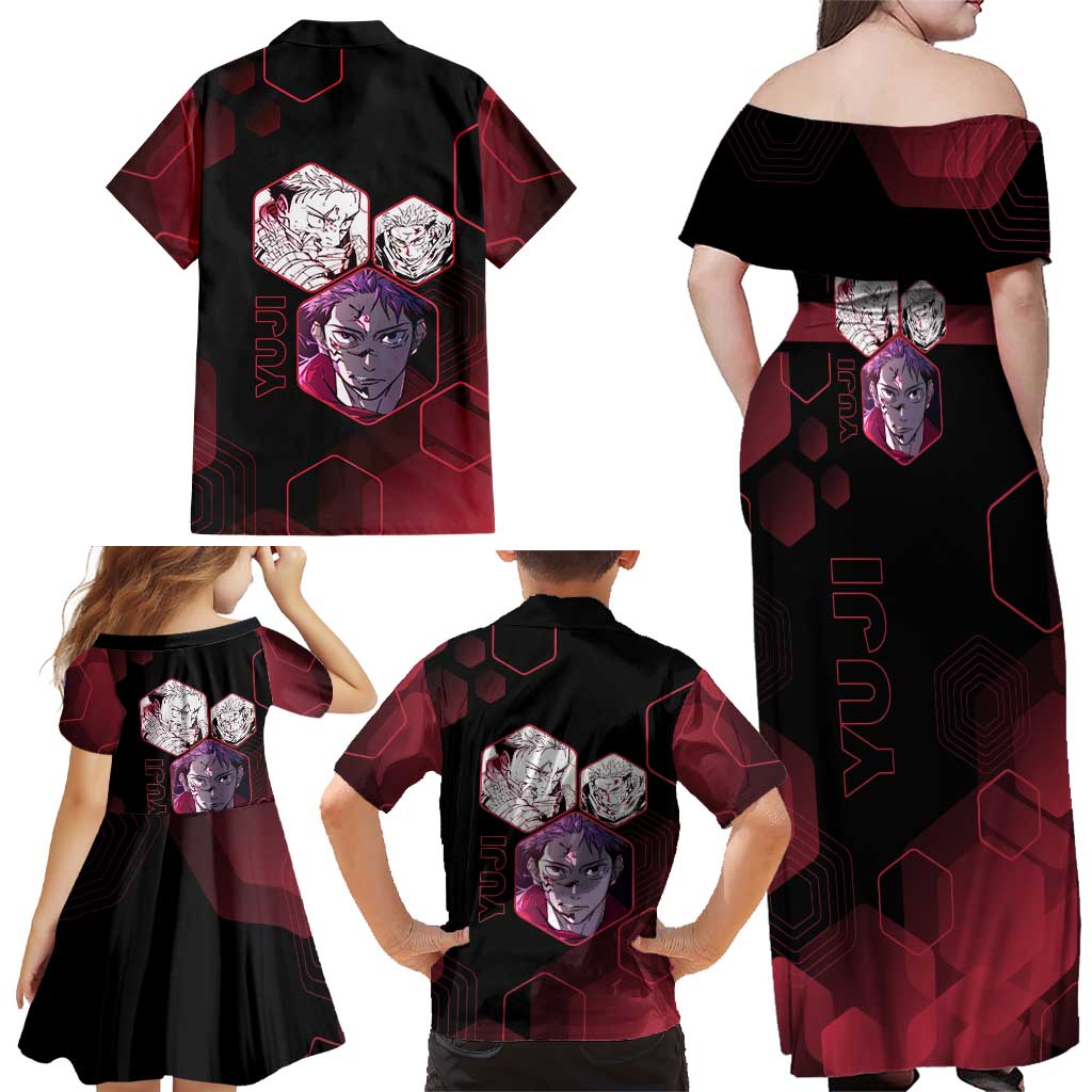 Yuji Itadori Jujutsu Kaisen Red Hexagon Design Family Matching Off Shoulder Maxi Dress and Hawaiian Shirt with Sukuna Transformation and Manga Style Art