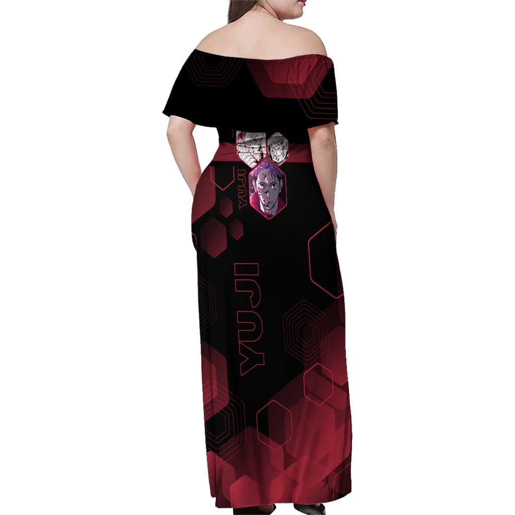 Yuji Itadori Jujutsu Kaisen Red Hexagon Design Family Matching Off Shoulder Maxi Dress and Hawaiian Shirt with Sukuna Transformation and Manga Style Art