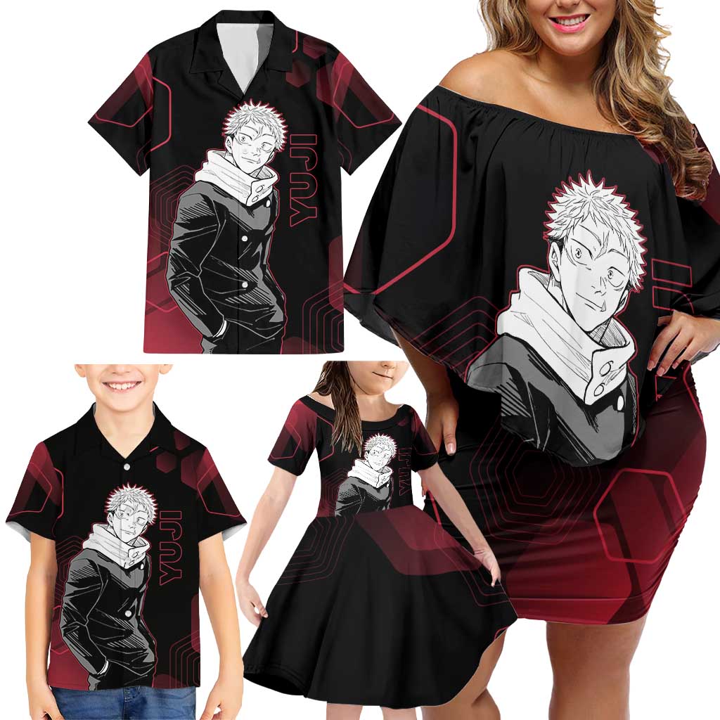 Yuji Itadori Jujutsu Kaisen Red Hexagon Design Family Matching Off Shoulder Short Dress and Hawaiian Shirt with Sukuna Transformation and Manga Style Art