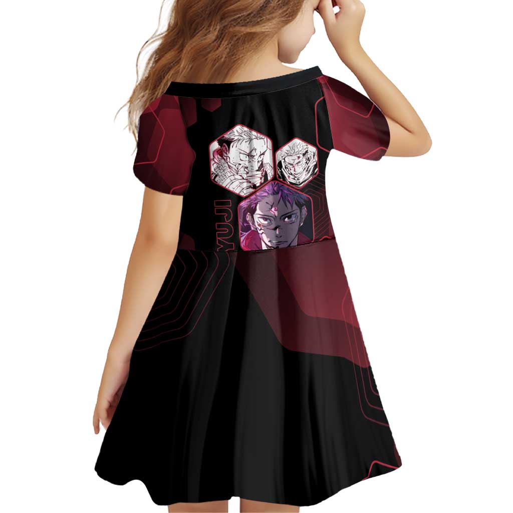 Yuji Itadori Jujutsu Kaisen Red Hexagon Design Family Matching Off Shoulder Short Dress and Hawaiian Shirt with Sukuna Transformation and Manga Style Art