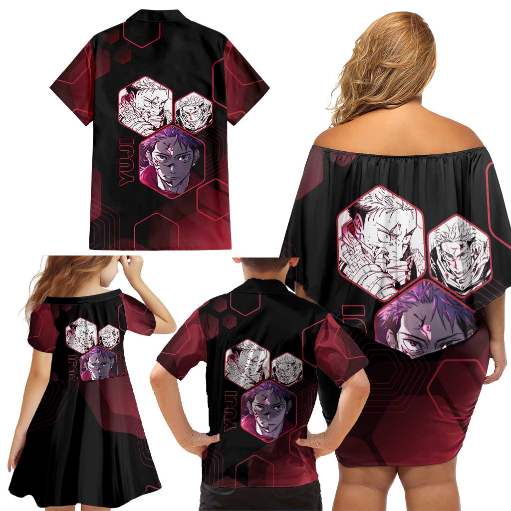 Yuji Itadori Jujutsu Kaisen Red Hexagon Design Family Matching Off Shoulder Short Dress and Hawaiian Shirt with Sukuna Transformation and Manga Style Art