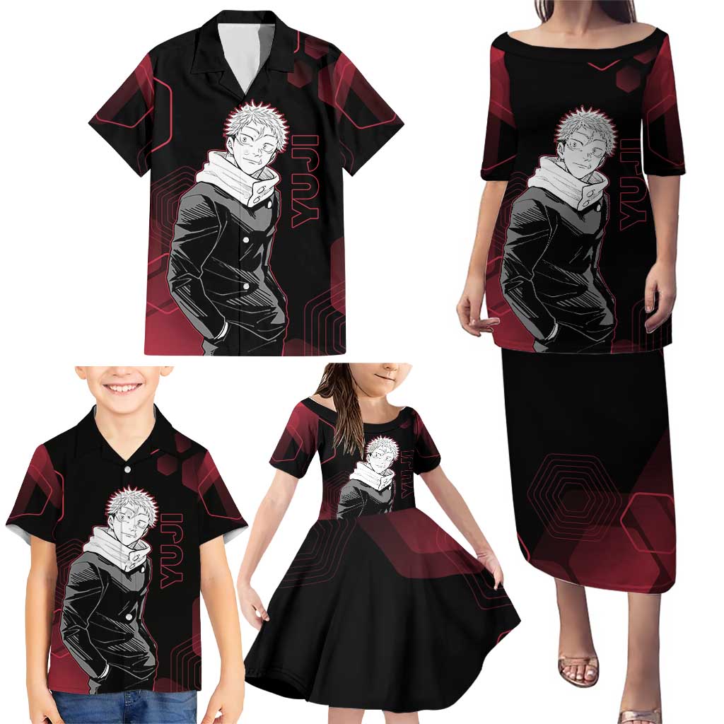 Yuji Itadori Jujutsu Kaisen Red Hexagon Design Family Matching Puletasi and Hawaiian Shirt with Sukuna Transformation and Manga Style Art