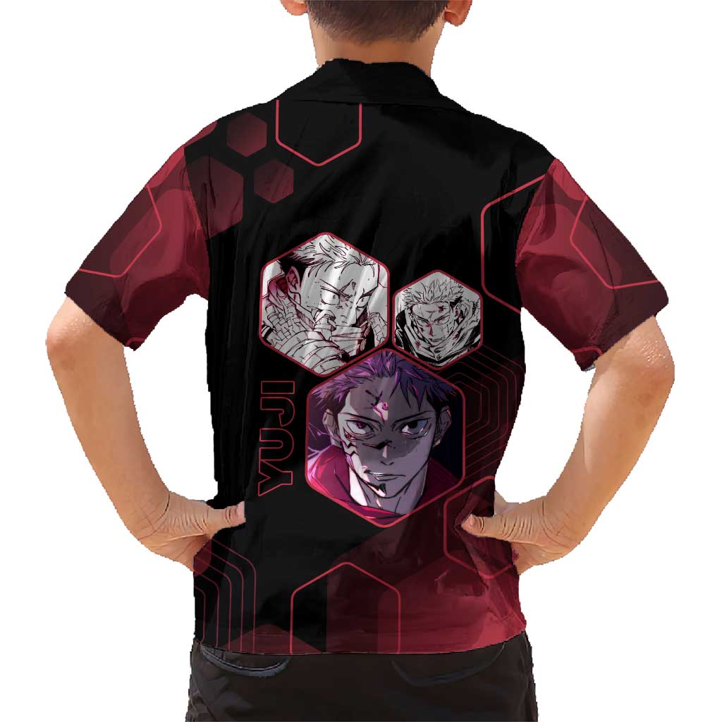 Yuji Itadori Jujutsu Kaisen Red Hexagon Design Family Matching Puletasi and Hawaiian Shirt with Sukuna Transformation and Manga Style Art