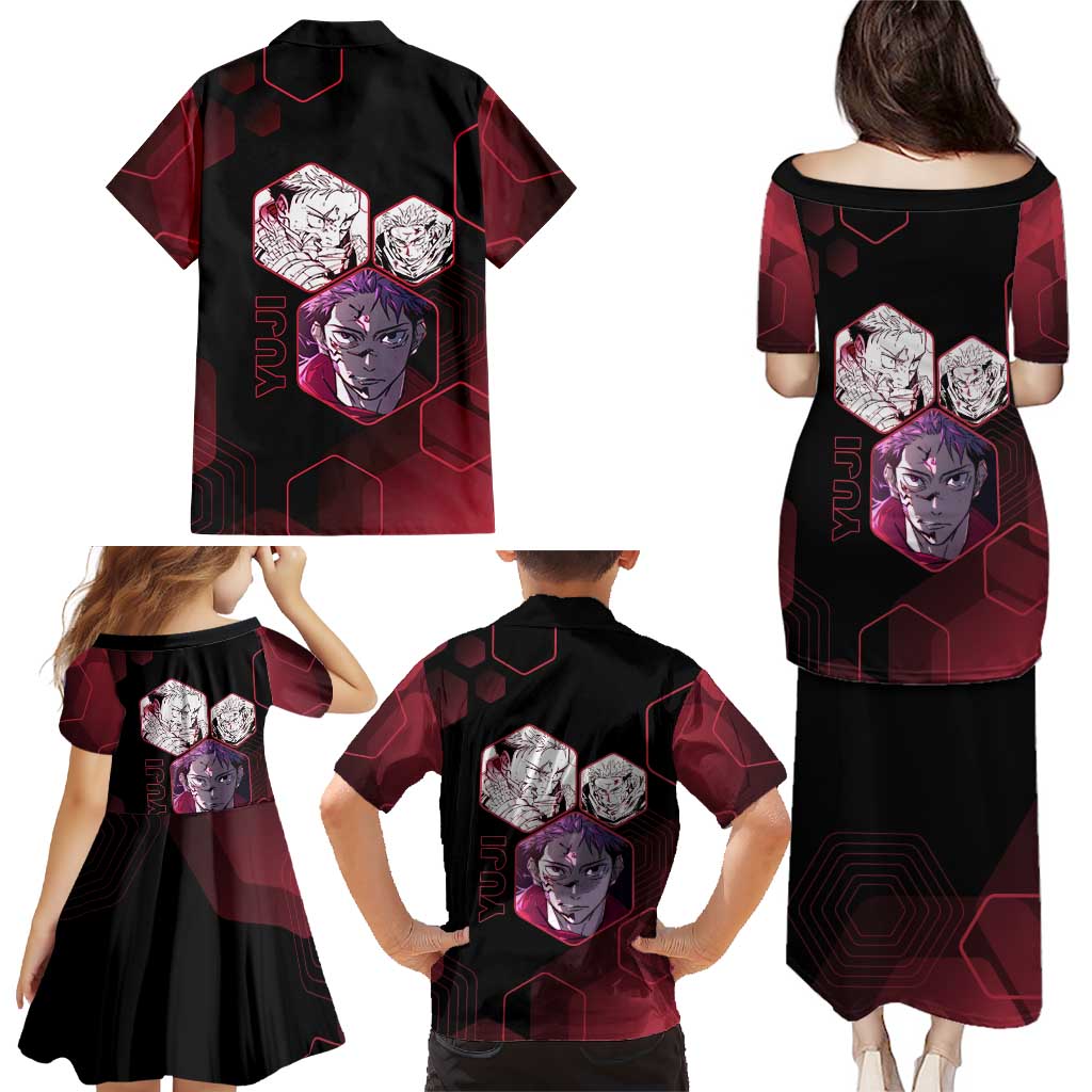 Yuji Itadori Jujutsu Kaisen Red Hexagon Design Family Matching Puletasi and Hawaiian Shirt with Sukuna Transformation and Manga Style Art