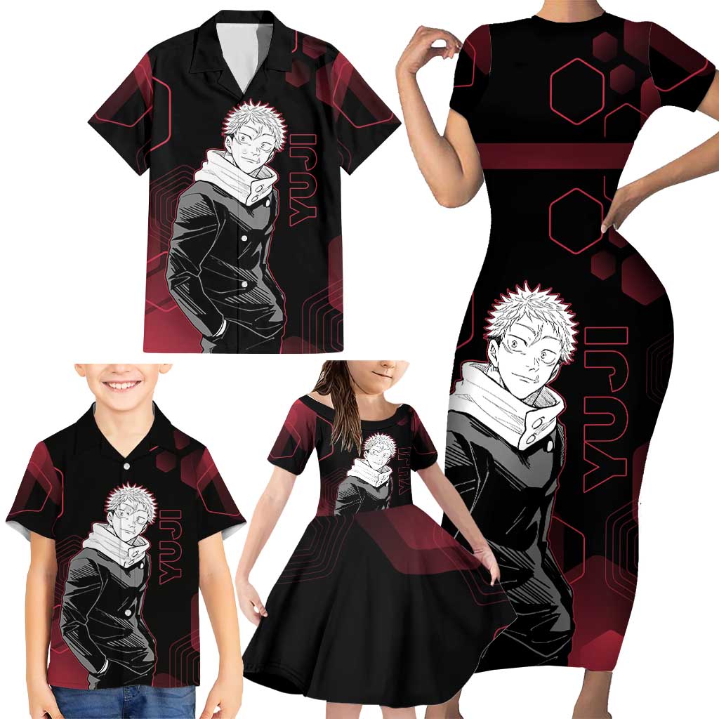 Yuji Itadori Jujutsu Kaisen Red Hexagon Design Family Matching Short Sleeve Bodycon Dress and Hawaiian Shirt with Sukuna Transformation and Manga Style Art
