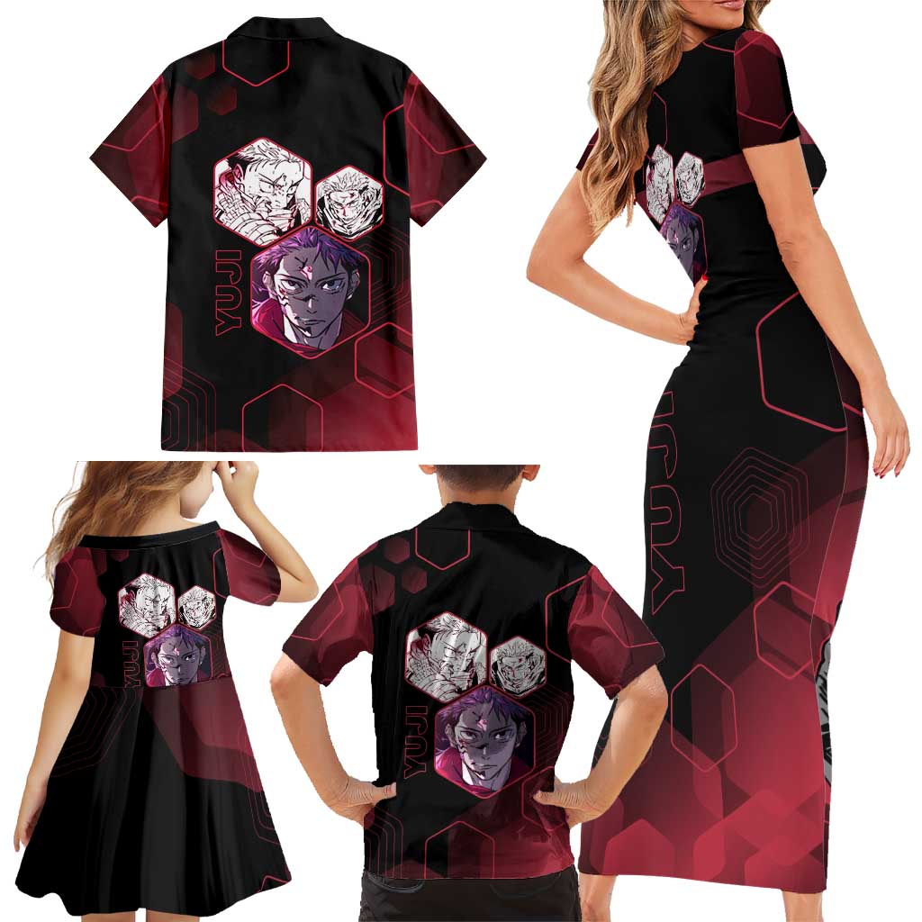 Yuji Itadori Jujutsu Kaisen Red Hexagon Design Family Matching Short Sleeve Bodycon Dress and Hawaiian Shirt with Sukuna Transformation and Manga Style Art