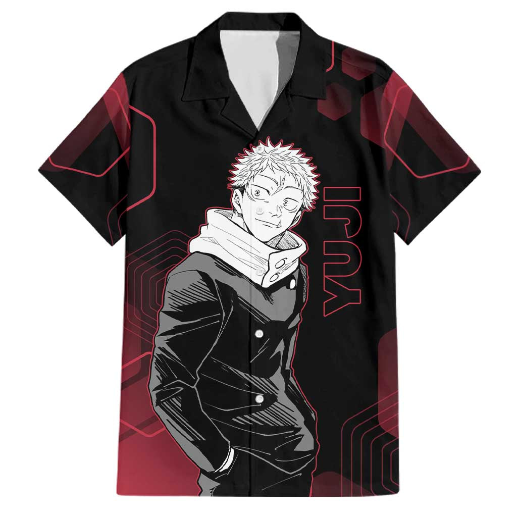 Yuji Itadori Jujutsu Kaisen Red Hexagon Design Family Matching Short Sleeve Bodycon Dress and Hawaiian Shirt with Sukuna Transformation and Manga Style Art