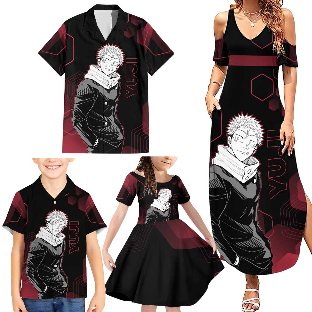 Yuji Itadori Jujutsu Kaisen Red Hexagon Design Family Matching Summer Maxi Dress and Hawaiian Shirt with Sukuna Transformation and Manga Style Art