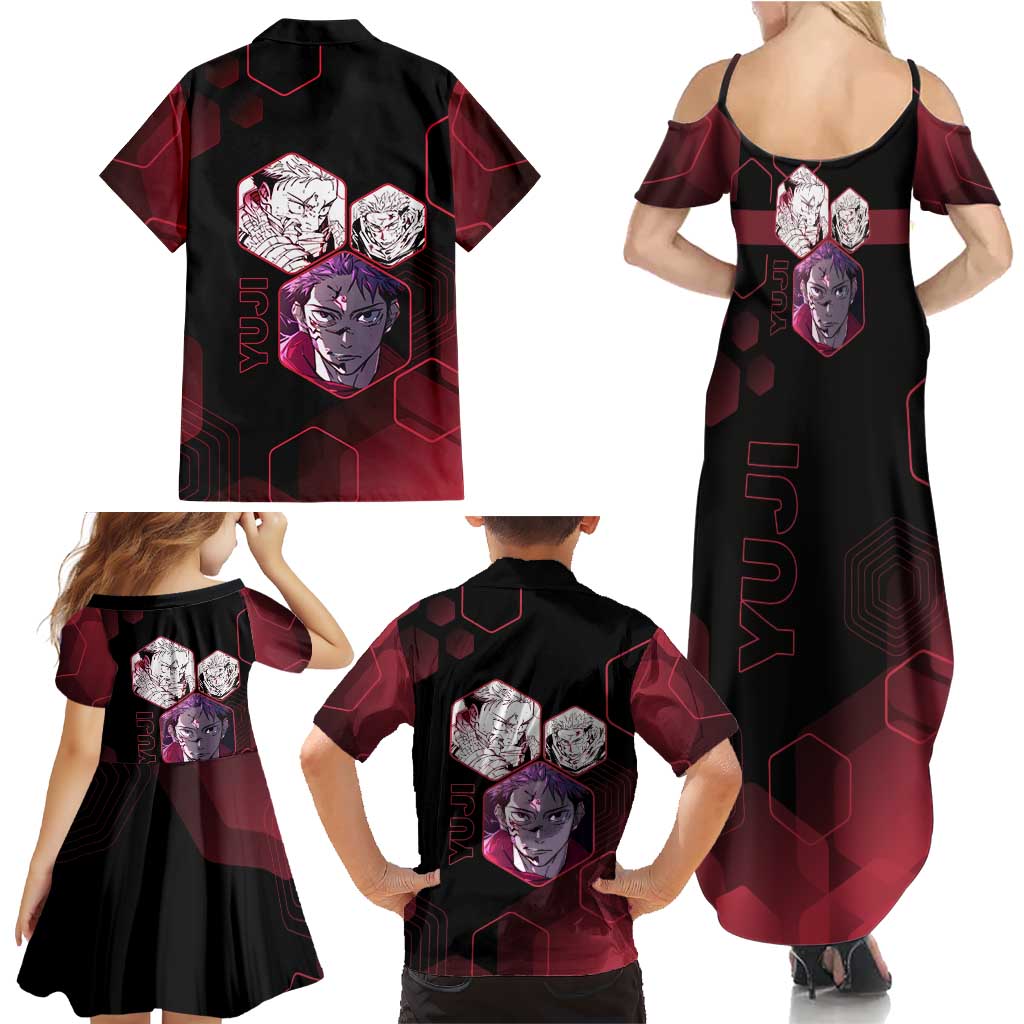 Yuji Itadori Jujutsu Kaisen Red Hexagon Design Family Matching Summer Maxi Dress and Hawaiian Shirt with Sukuna Transformation and Manga Style Art