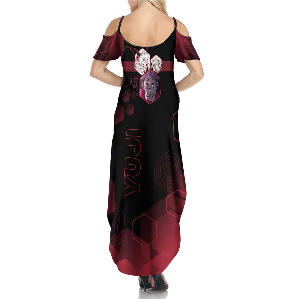 Yuji Itadori Jujutsu Kaisen Red Hexagon Design Family Matching Summer Maxi Dress and Hawaiian Shirt with Sukuna Transformation and Manga Style Art