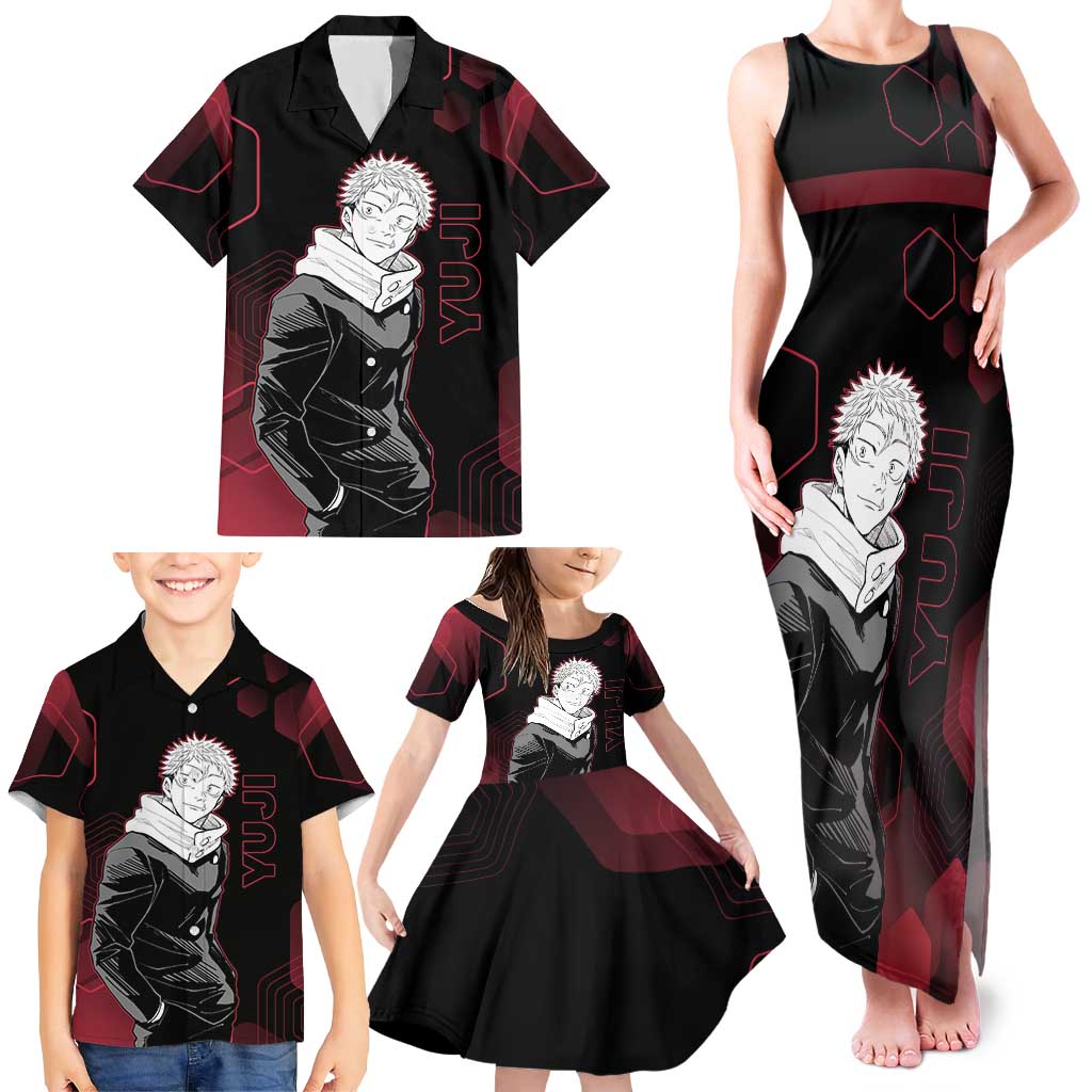 Yuji Itadori Jujutsu Kaisen Red Hexagon Design Family Matching Tank Maxi Dress and Hawaiian Shirt with Sukuna Transformation and Manga Style Art