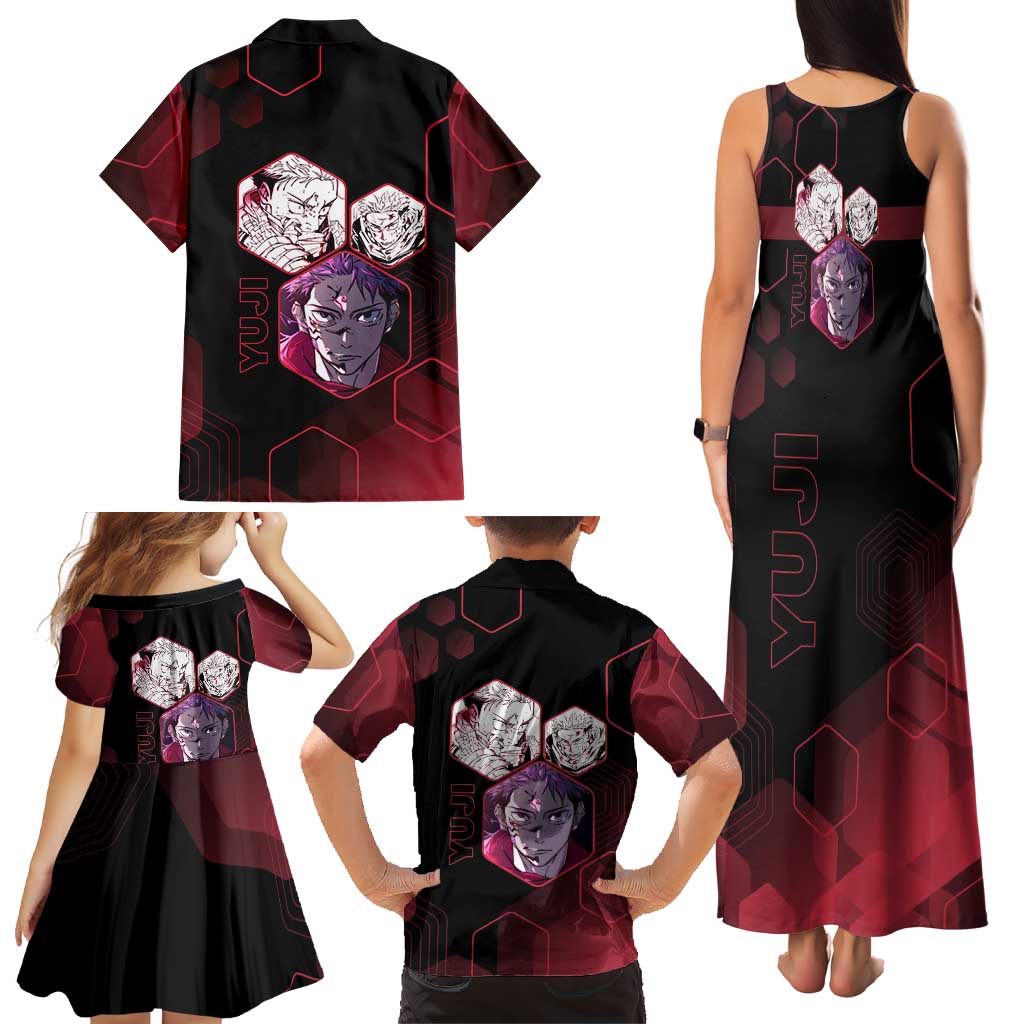 Yuji Itadori Jujutsu Kaisen Red Hexagon Design Family Matching Tank Maxi Dress and Hawaiian Shirt with Sukuna Transformation and Manga Style Art
