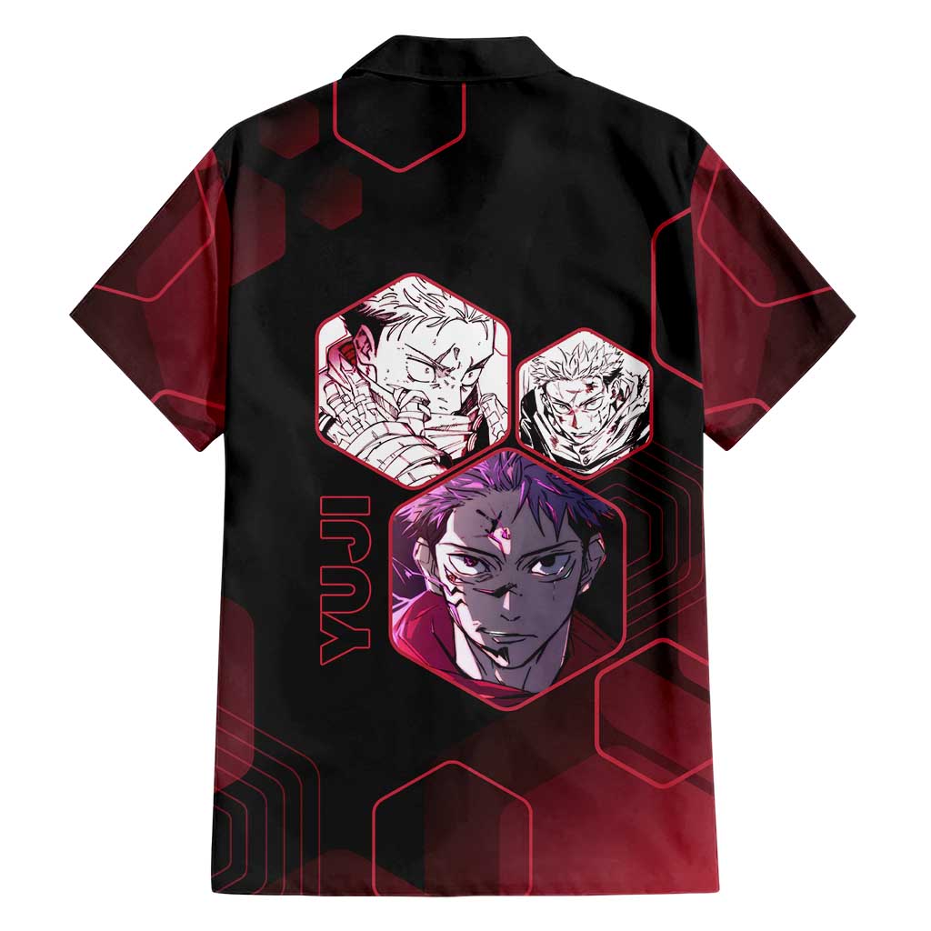 Yuji Itadori Jujutsu Kaisen Red Hexagon Design Family Matching Tank Maxi Dress and Hawaiian Shirt with Sukuna Transformation and Manga Style Art