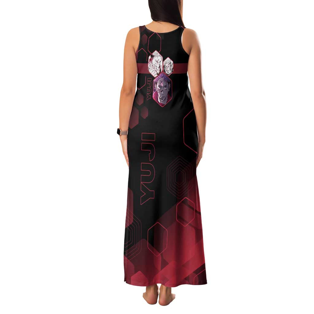 Yuji Itadori Jujutsu Kaisen Red Hexagon Design Family Matching Tank Maxi Dress and Hawaiian Shirt with Sukuna Transformation and Manga Style Art