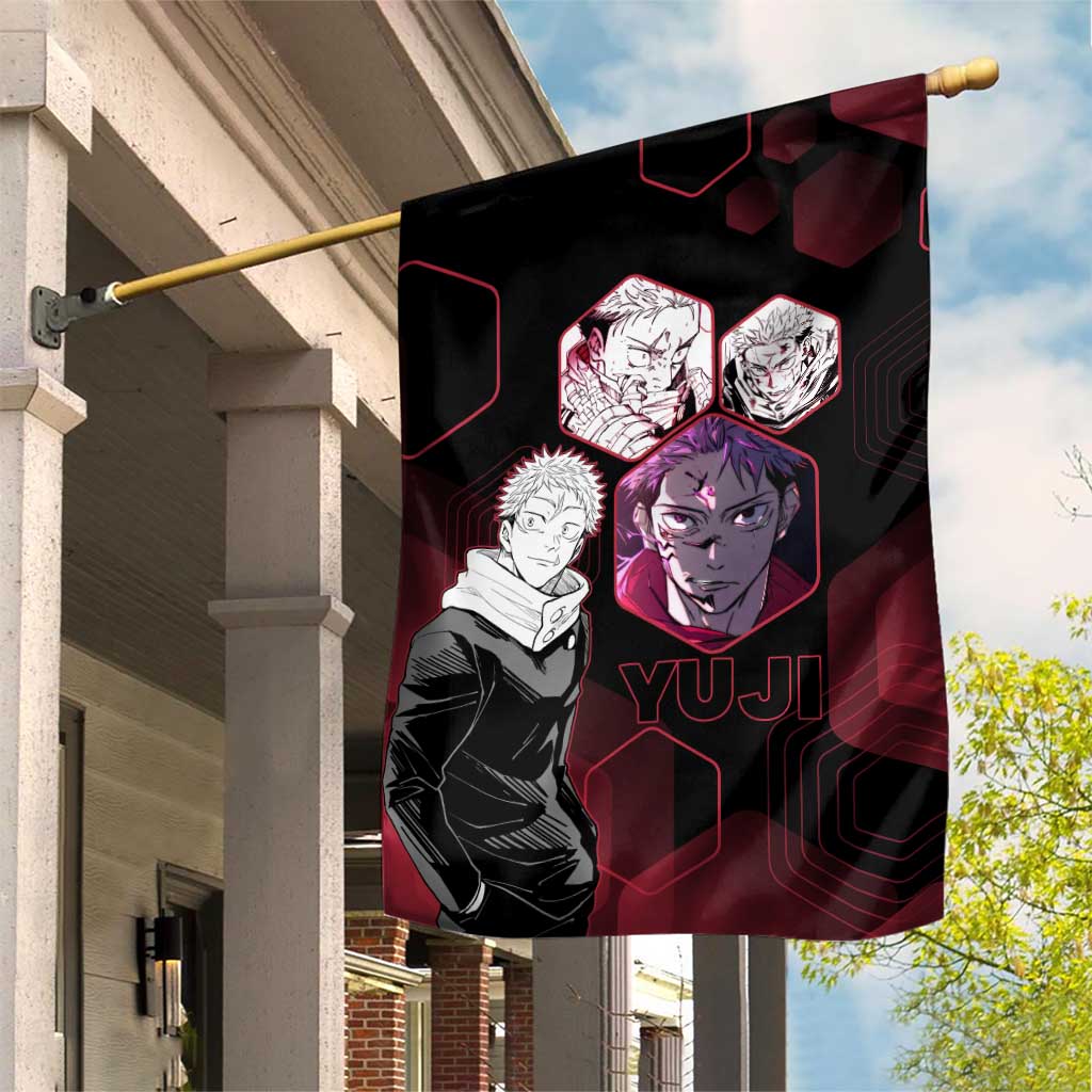 Yuji Itadori Jujutsu Kaisen Red Hexagon Design Garden Flag with Sukuna Transformation and Manga Style Art - The Mazicc