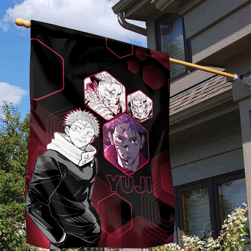 Yuji Itadori Jujutsu Kaisen Red Hexagon Design Garden Flag with Sukuna Transformation and Manga Style Art - The Mazicc