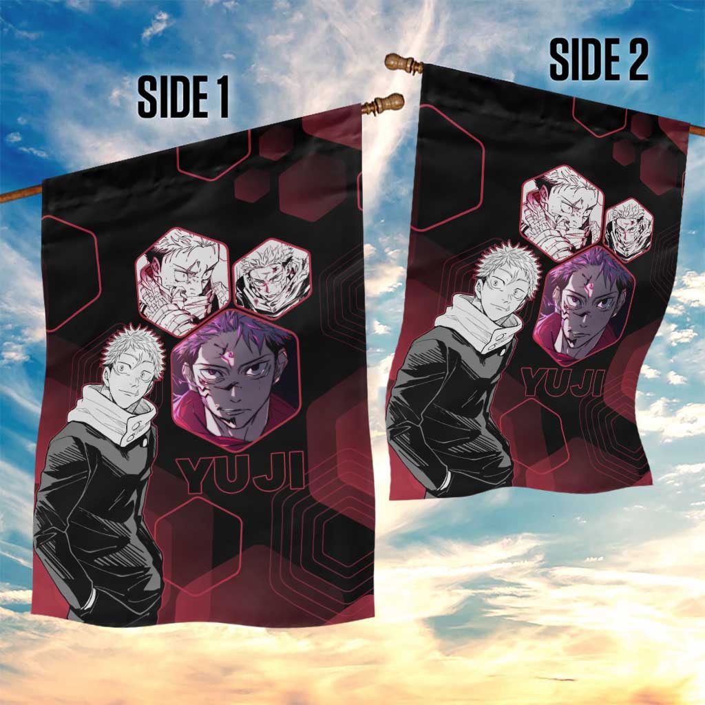Yuji Itadori Jujutsu Kaisen Red Hexagon Design Garden Flag with Sukuna Transformation and Manga Style Art - The Mazicc