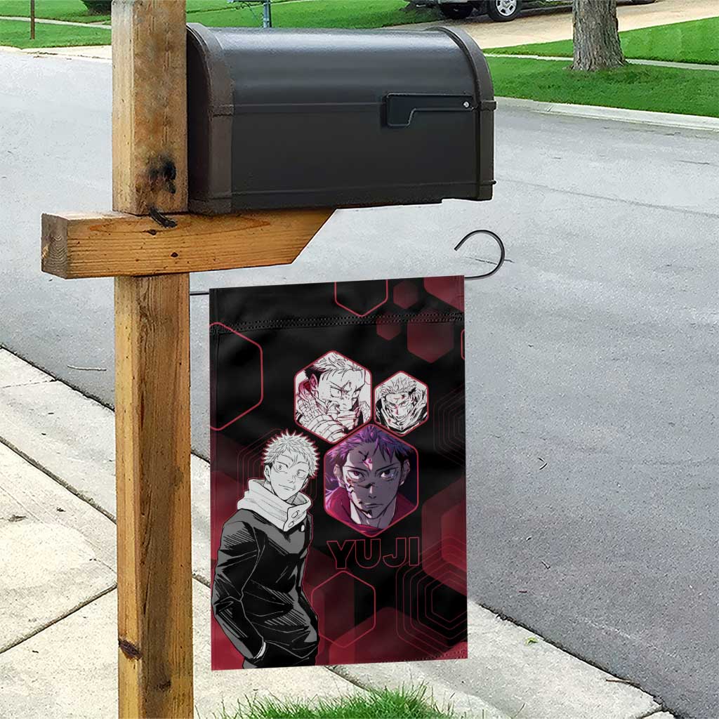 Yuji Itadori Jujutsu Kaisen Red Hexagon Design Garden Flag with Sukuna Transformation and Manga Style Art - The Mazicc