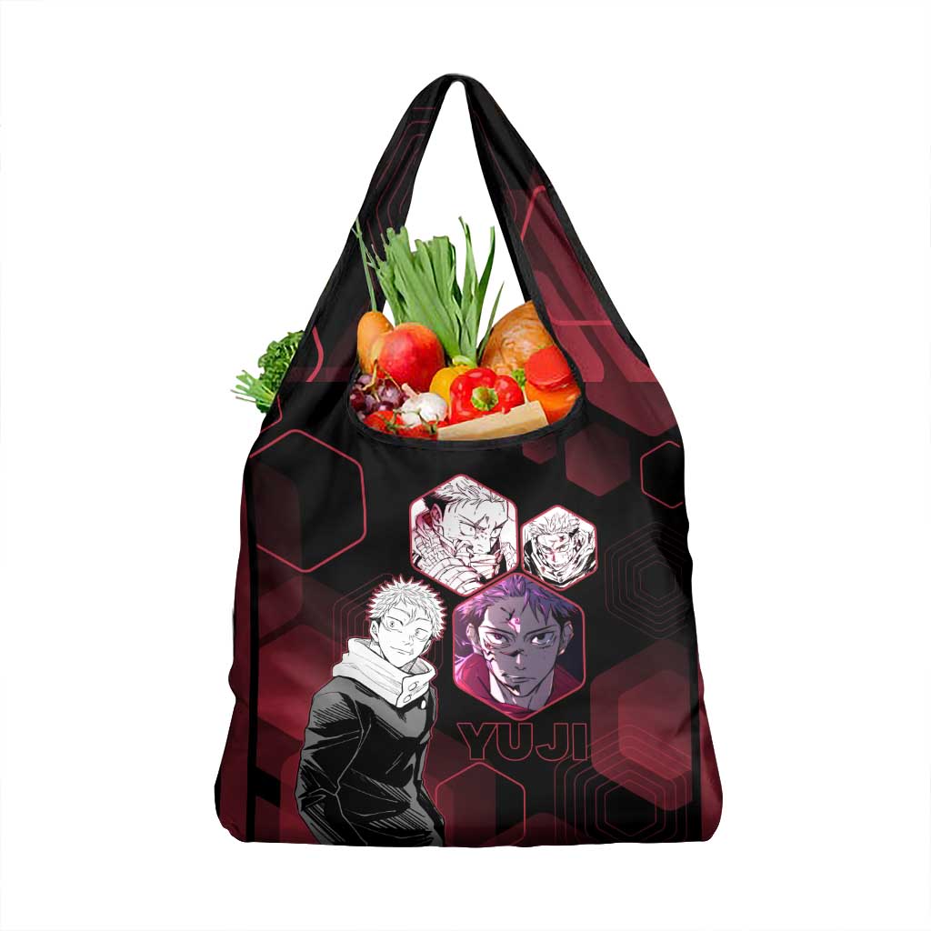 Yuji Itadori Jujutsu Kaisen Red Hexagon Design Grocery Bag with Sukuna Transformation and Manga Style Art - The Mazicc