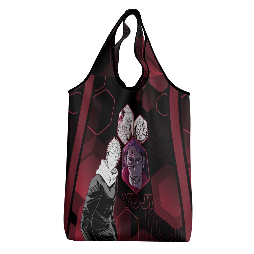 Yuji Itadori Jujutsu Kaisen Red Hexagon Design Grocery Bag with Sukuna Transformation and Manga Style Art - The Mazicc