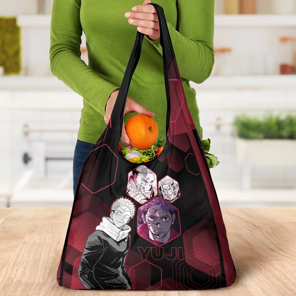 Yuji Itadori Jujutsu Kaisen Red Hexagon Design Grocery Bag with Sukuna Transformation and Manga Style Art - The Mazicc