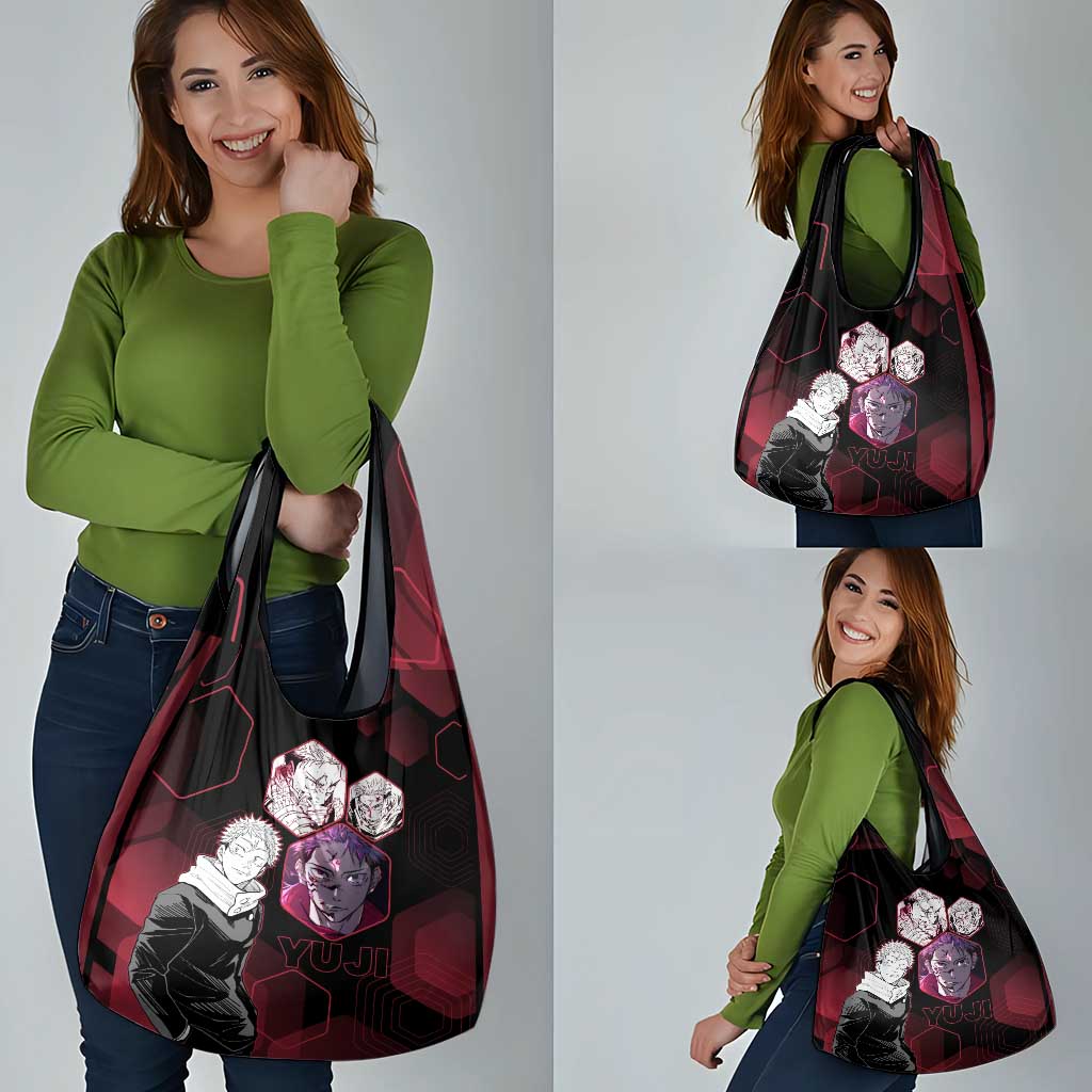 Yuji Itadori Jujutsu Kaisen Red Hexagon Design Grocery Bag with Sukuna Transformation and Manga Style Art - The Mazicc