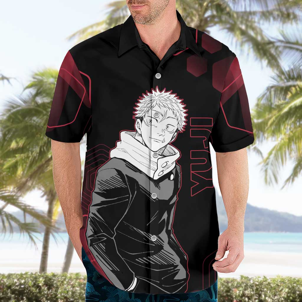 Yuji Itadori Jujutsu Kaisen Red Hexagon Design Hawaiian Shirt with Sukuna Transformation and Manga Style Art - The Mazicc