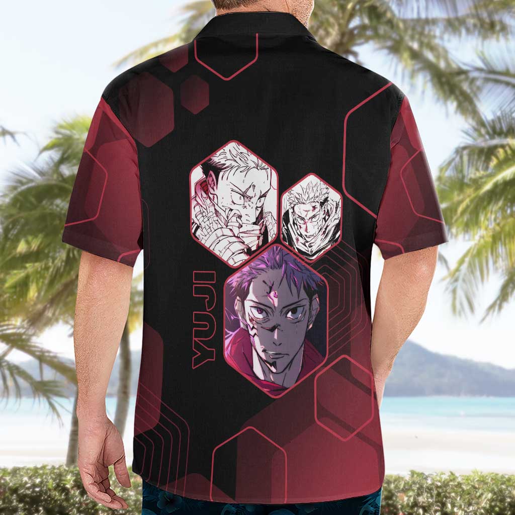 Yuji Itadori Jujutsu Kaisen Red Hexagon Design Hawaiian Shirt with Sukuna Transformation and Manga Style Art - The Mazicc
