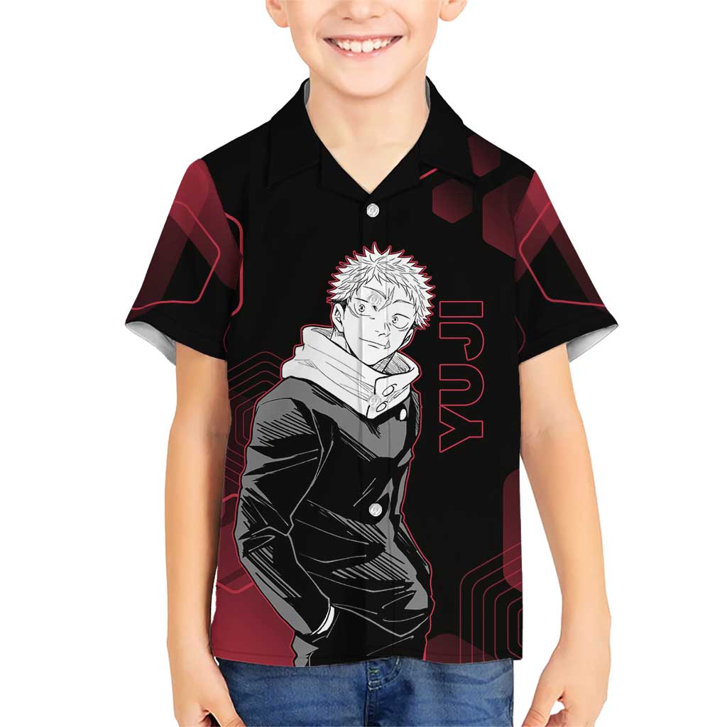 Yuji Itadori Jujutsu Kaisen Red Hexagon Design Hawaiian Shirt with Sukuna Transformation and Manga Style Art - The Mazicc