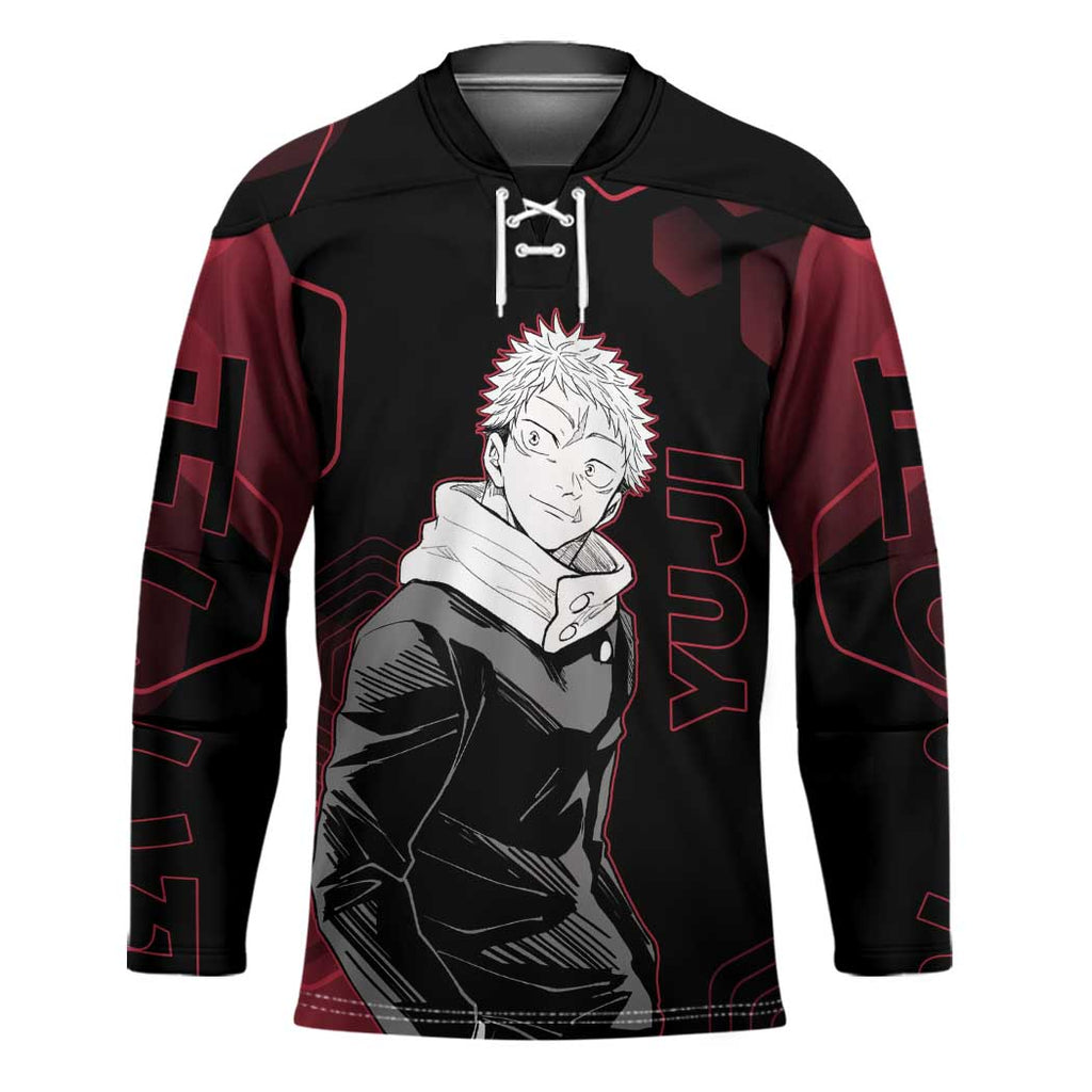 Yuji Itadori Jujutsu Kaisen Red Hexagon Design Hockey Jersey with Sukuna Transformation and Manga Style Art - The Mazicc