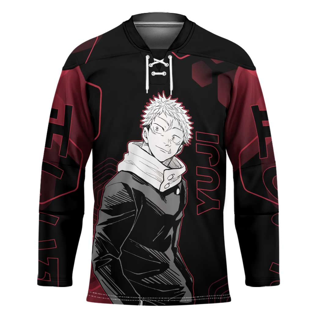 Yuji Itadori Jujutsu Kaisen Red Hexagon Design Hockey Jersey with Sukuna Transformation and Manga Style Art - The Mazicc